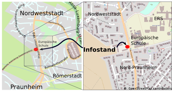 Der Infostand findet am Praunheimer Weg, gegenüber der Europäischen Schule statt.